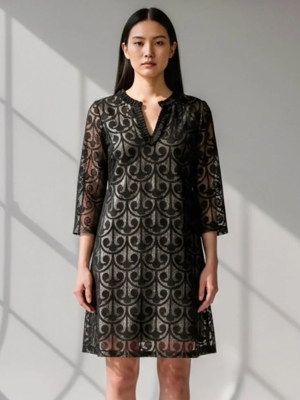 Milly New York Black Patterned V-Neck Tunic Dress